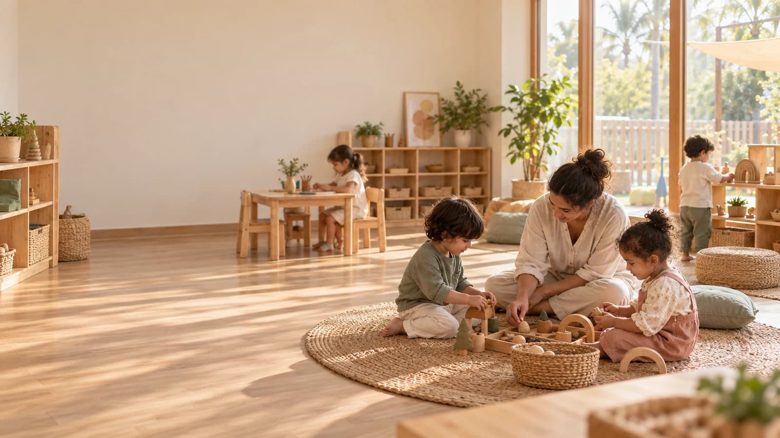 A wide view across a calm, warm early-years room in mid-morning, with children and an educator spread naturally across a wooden floor