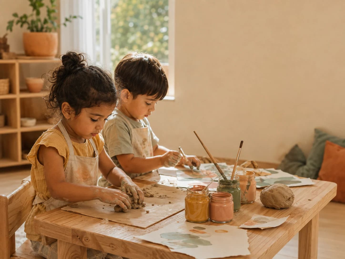Two children working with clay and muted-coloured paints at a wooden art table, hands messy and absorbed in the work