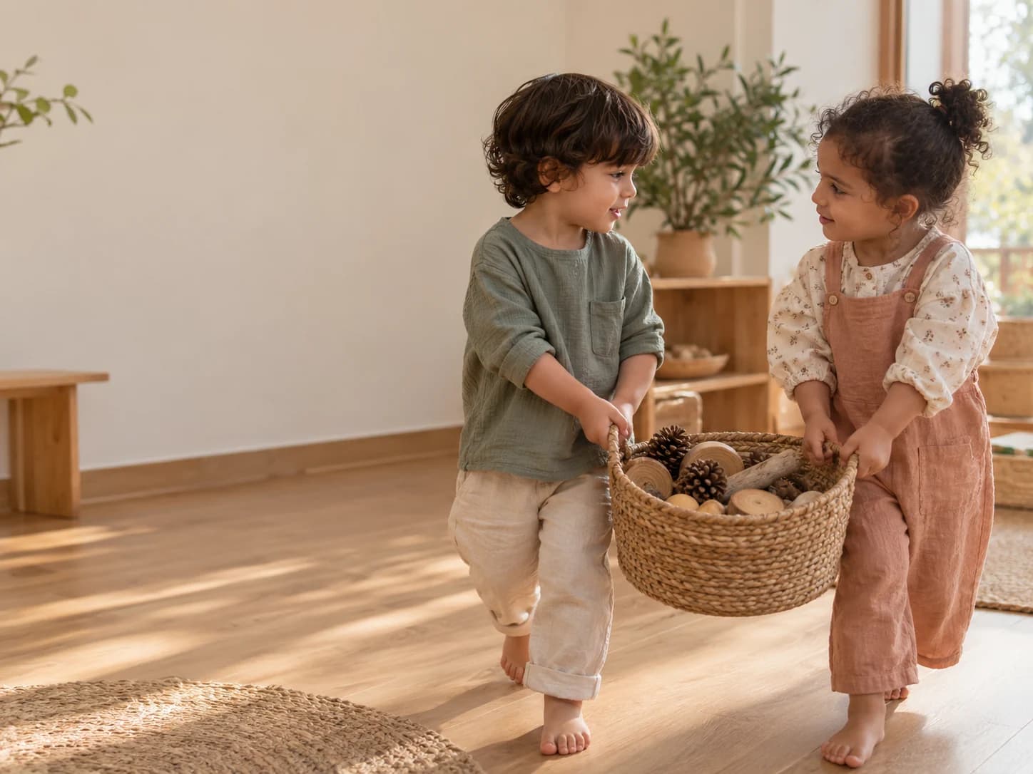 Two toddlers carrying a woven basket of natural materials between them, talking to each other as they go