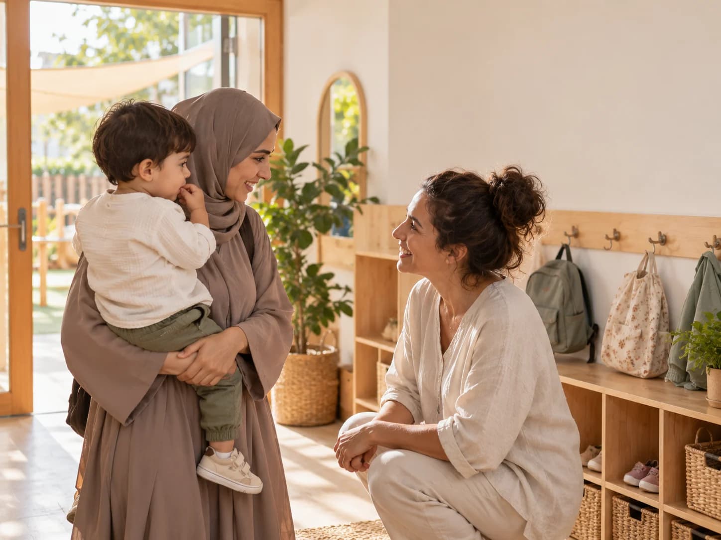 An educator crouching to talk warmly with a mother holding her young child, in a nursery cloakroom at the end of the day